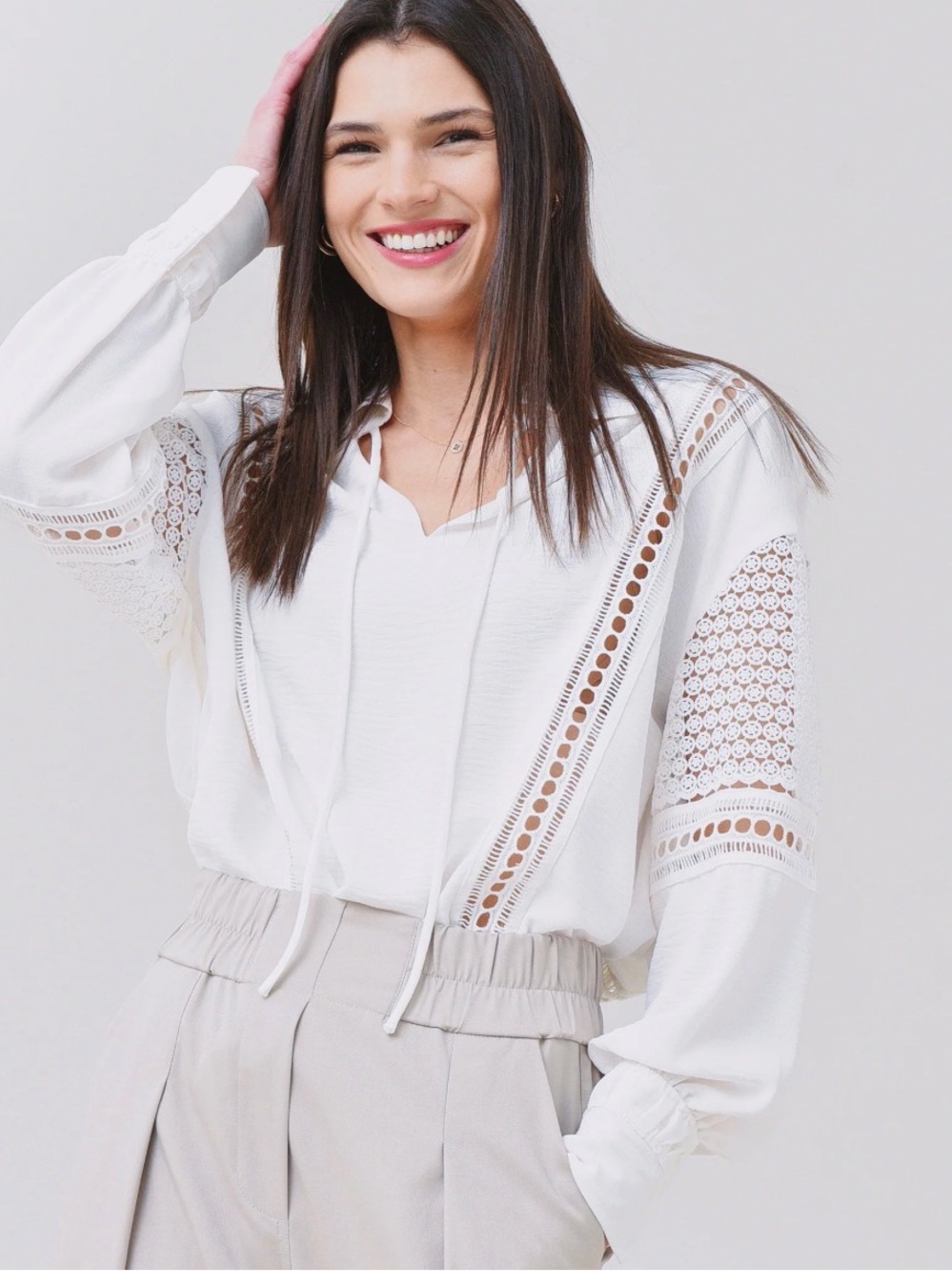 Brochu Walker Kaia Blouse Oversized White Eyelet Lace Inset Long-Sleeve Top Sz M - Picture 5 of 13